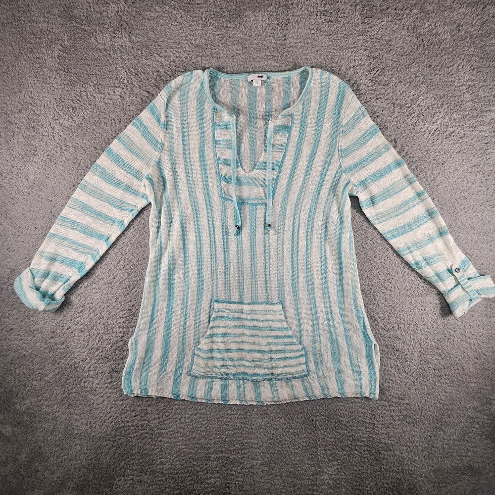 J.Jill Sweater Womens M Striped Open Knit Tassel V Neck Pockets Linen Swim Cover